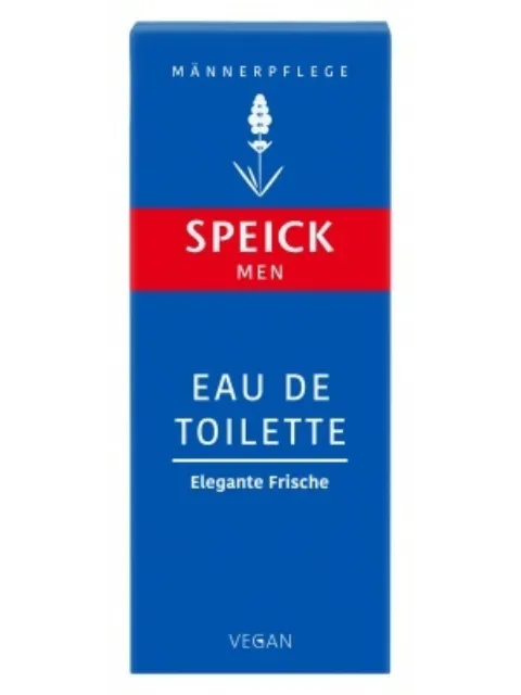 Speick Men Eau de Toilette box, blue with red band, labelled "Elegante Frische", vegan.
