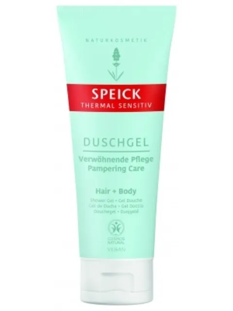 Speick Thermal Sensitiv shower gel tube, mint green with red label, 200ml.