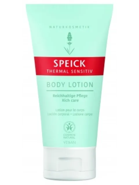 Speick Thermal Sensitiv Body Lotion tube with vegan and natural certification.