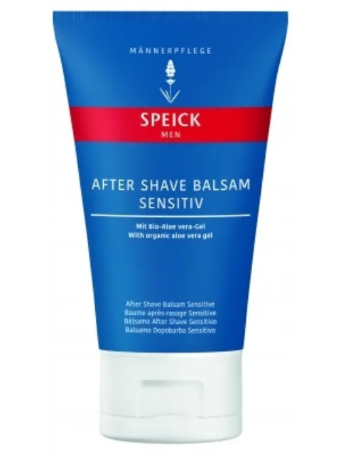Blue tube of Speick Men After Shave Balm Sensitive with aloe vera gel.