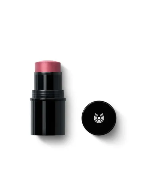 Black blush stick with pink tip, cap beside it featuring a white logo.