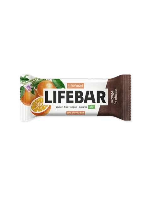 Lifebar orange in choco, gluten-free, vegan, organic. Packaging with orange and flower design.