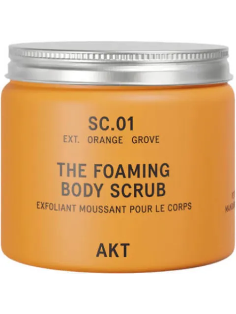 Orange jar of AKT foaming body scrub, SC.01, Orange Grove scent.