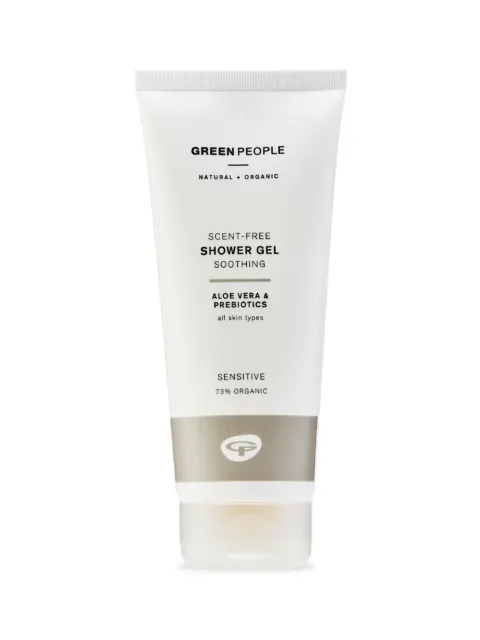 Green People scent-free shower gel with aloe vera, prebiotics, 73% organic, for sensitive skin.