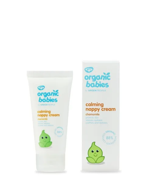 Organic Babies calming nappy cream with chamomile, tube and box, 88% organic ingredients.