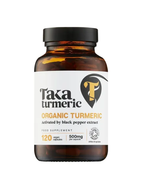 Brown bottle of Taka Turmeric capsules, 120 vegan, 500mg each, organic certification visible.