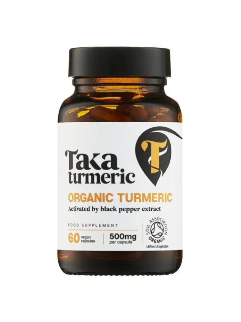 Taka Turmeric organic capsules, 60 vegan, 500mg each, Soil Association certified.