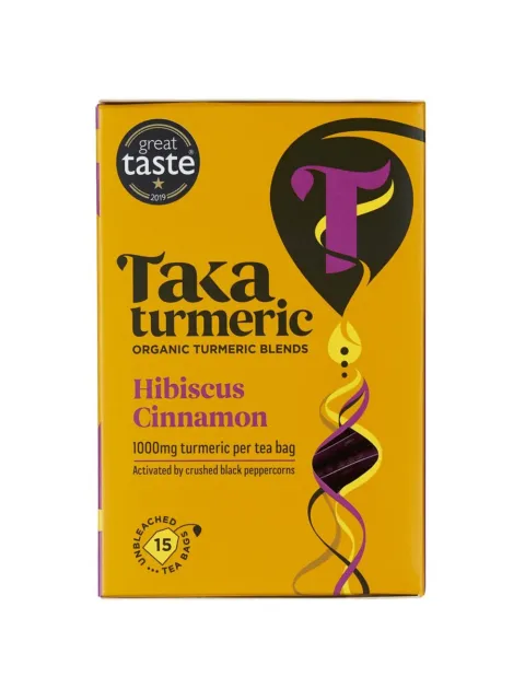 Taka Turmeric Hibiscus Cinnamon tea box, 15 unbleached bags, 1000mg turmeric per bag.