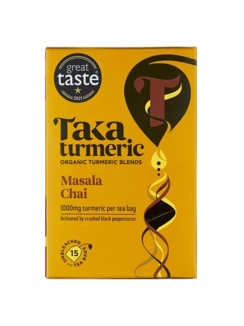 Taka Turmeric Masala Chai tea box, 15 unbleached bags, 1000mg turmeric per bag.