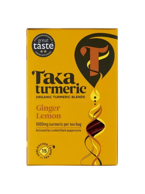 Taka Turmeric Ginger Lemon tea box, 15 unbleached bags, 1000mg turmeric per bag.