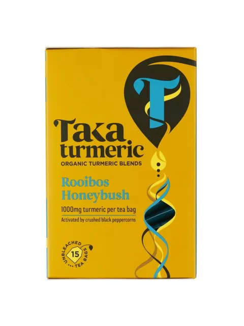 Taka Turmeric Rooibos Honeybush tea box, 15 unbleached bags, 1000mg turmeric per bag.