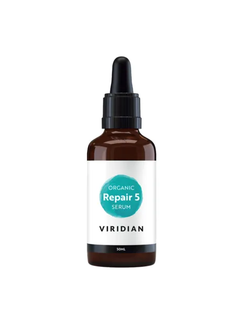Brown bottle of Viridian Organic Repair 5 Serum, 50ml, with dropper lid.