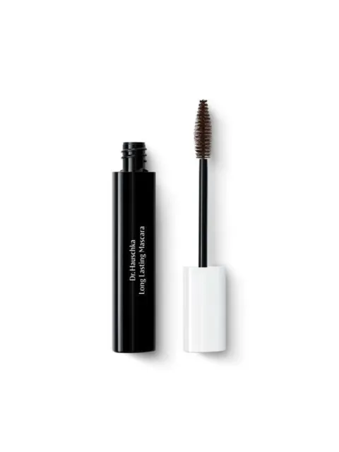 Open Dr. Hauschka Long Lasting Mascara with white cap and brown brush.