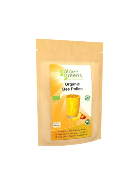 Golden Greens Organic Bee Pollen, high in fibre, vitamins, non-GMO, gluten and lactose free.