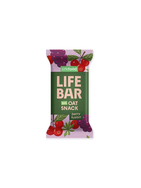 Lifefood Life Bar, bio oat snack, berry fusion flavour, with berry illustrations on packaging.