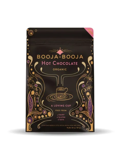 Booja-Booja organic hot chocolate, free from dairy, gluten, soya. Black and gold packaging.