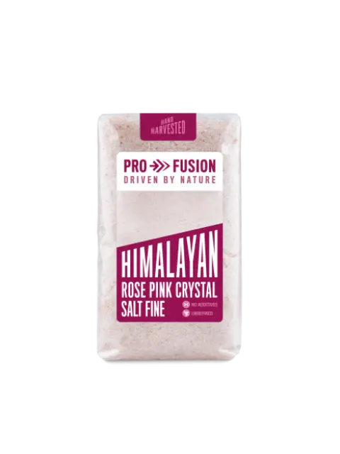 Himalayan rose pink crystal salt, fine, in a Pro Fusion branded package.