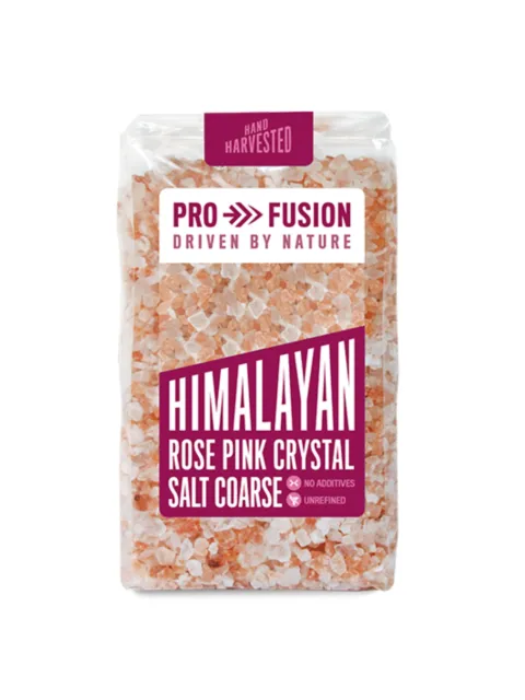 Pro Fusion Himalayan rose pink crystal salt, coarse, hand harvested, no additives, unrefined.