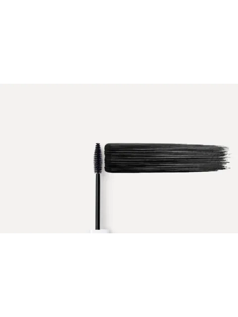 Mascara wand with black mascara stroke on a white background.