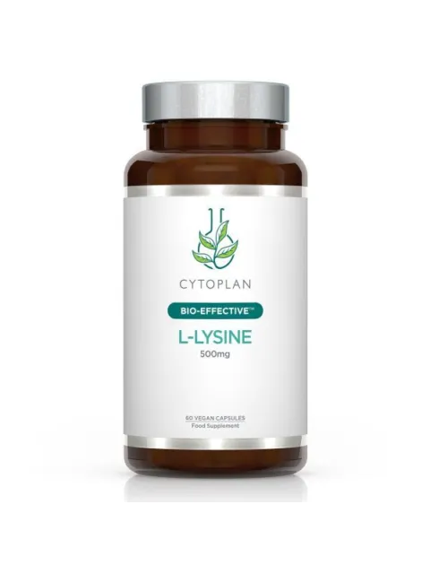 Cytoplan L-Lysine 500mg, 60 vegan capsules, brown bottle with silver lid.