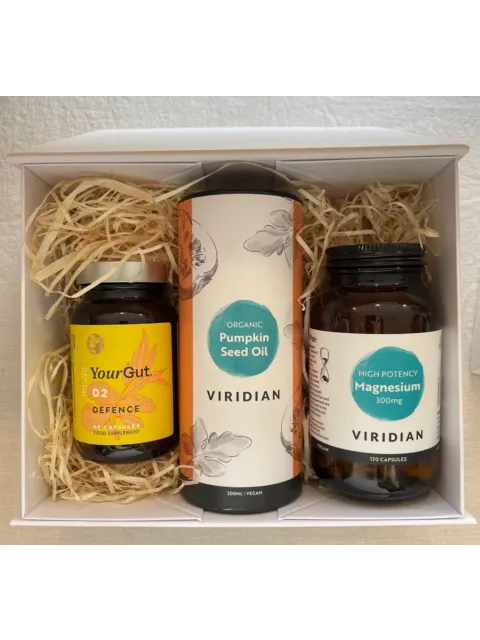 Three supplements in a box: YourGut Defence, Pumpkin Seed Oil, Magnesium 300mg.