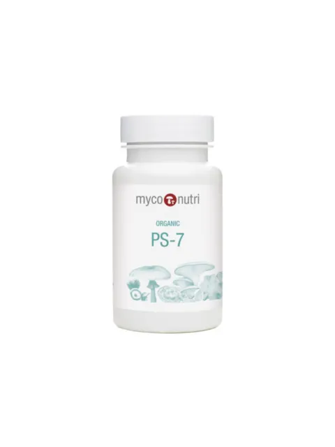 MycoNutri Organic PS-7 supplement bottle with mushroom illustrations.