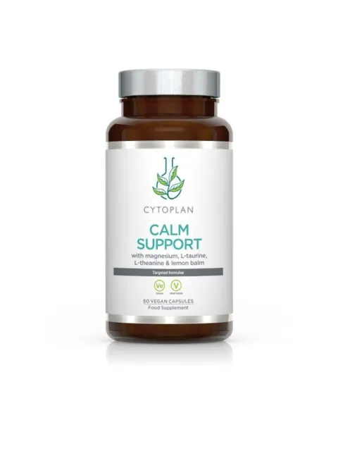Brown bottle of Cytoplan Calm Support, 60 vegan capsules, with magnesium and lemon balm.