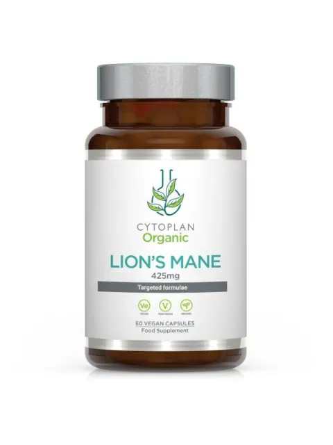 Cytoplan Organic Lion's Mane 425mg, 60 vegan capsules, food supplement bottle.