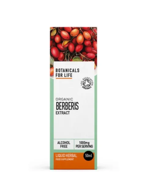 Box of Organic Berberis Extract, 50ml, alcohol-free, 1000mg per serving.