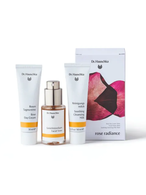 Dr. Hauschka Rose Day Cream, Facial Toner, Soothing Cleansing Milk, and rose radiance box.