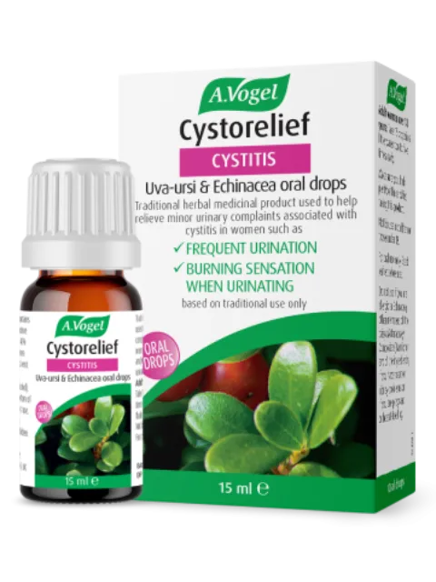 A.Vogel Cystorelief oral drops for cystitis, 15 ml bottle and box with plant image.