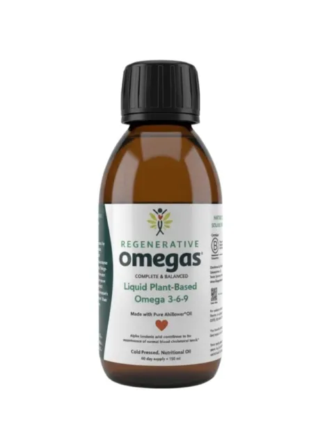 Regenerative Omegas liquid plant-based Omega 3-6-9, 150ml bottle with black cap.