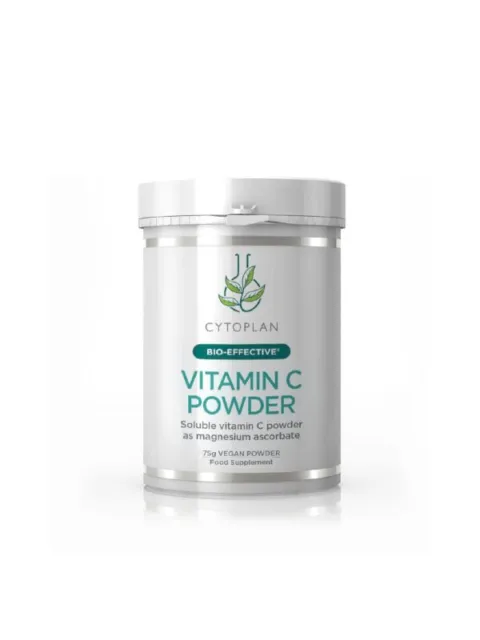 Cytoplan Vitamin C Powder, 75g vegan, soluble as magnesium ascorbate, in a white container.