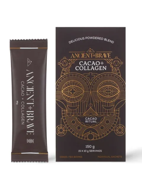 Ancient + Brave Cacao + Collagen sachet and box, 150g, grass-fed bovine.