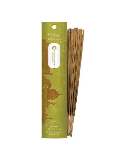 Vetiver incense sticks with green packaging, labelled "Natural Incense".
