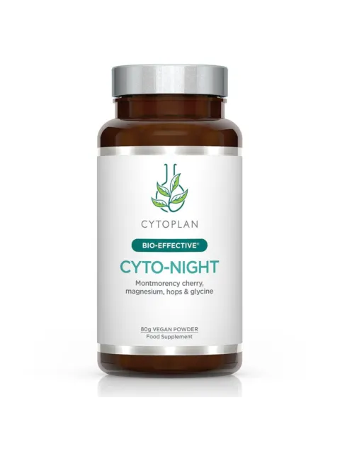 Cyto-Night supplement with Montmorency cherry, magnesium, hops, and glycine, 80g vegan powder.