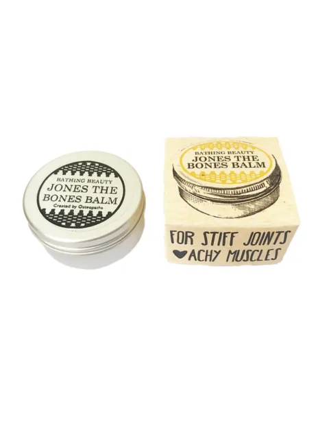 Jones the Bones Balm tin and box for stiff joints and achy muscles.