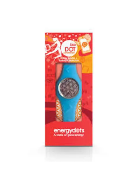 Blue energyDOTS device in red packaging with geometric design and text "A world of good energy".