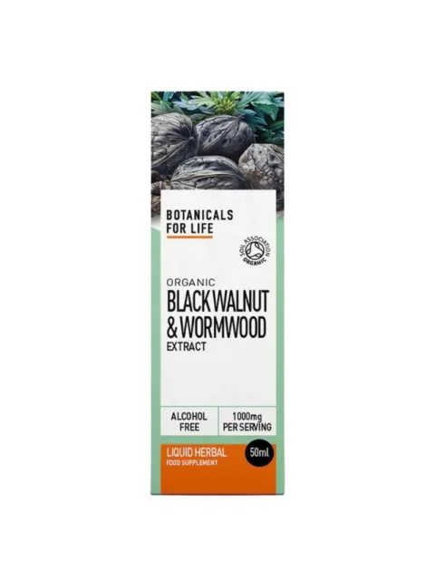 Botanicals for Life Black Walnut & Wormwood Extract, 50ml, organic, alcohol-free, 1000mg per serving.