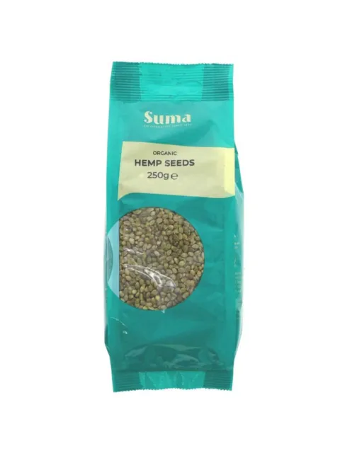 Suma organic hemp seeds, 250g, in a turquoise packet with a clear window.