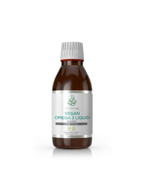 Brown bottle of Cytoplan Vegan Omega 3 Liquid, 150ml, with white label.