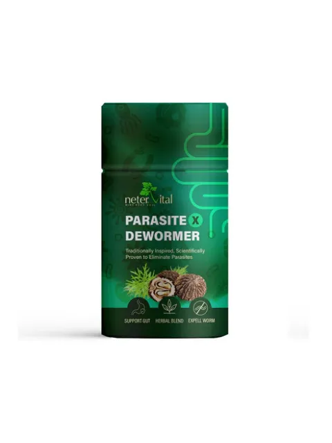 Green bottle of Parasite X Dewormer with herbal blend and gut support icons.