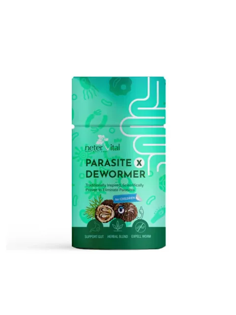 Green packaging of Neter Vital Parasite X Dewormer for children, herbal blend.