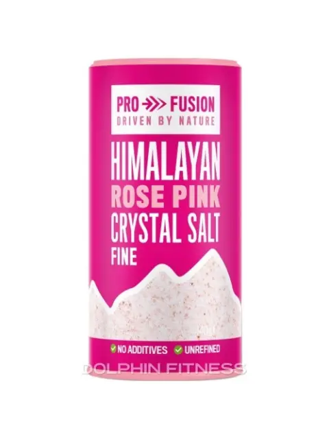 Pink container of Himalayan rose pink crystal salt, 440g, no additives, unrefined.