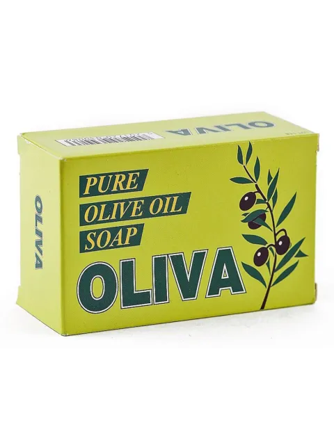 Green box of Oliva pure olive oil soap with olive branch design.