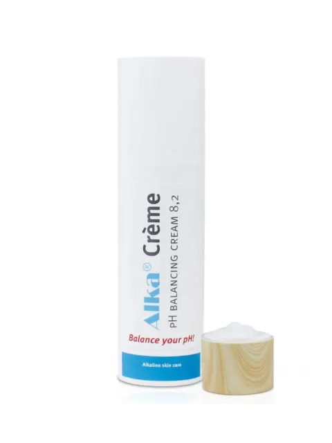 Alka Crème pH Balancing Cream 8.2 with wooden cap, text: "Balance your pH!