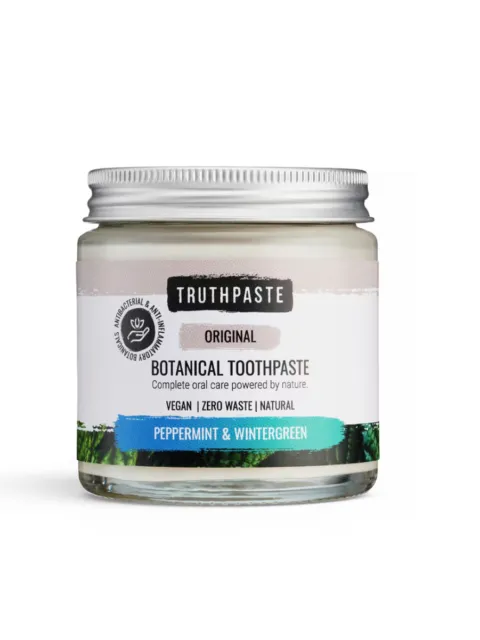 Truthpaste jar with peppermint and wintergreen flavour, vegan and zero waste.