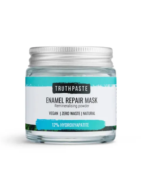 Truthpaste Enamel Repair Mask jar with 12% hydroxyapatite. Vegan, zero waste, natural.