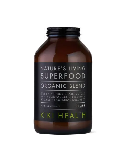 Kiki Health Superfood Organic Blend, 300g brown bottle with black label.