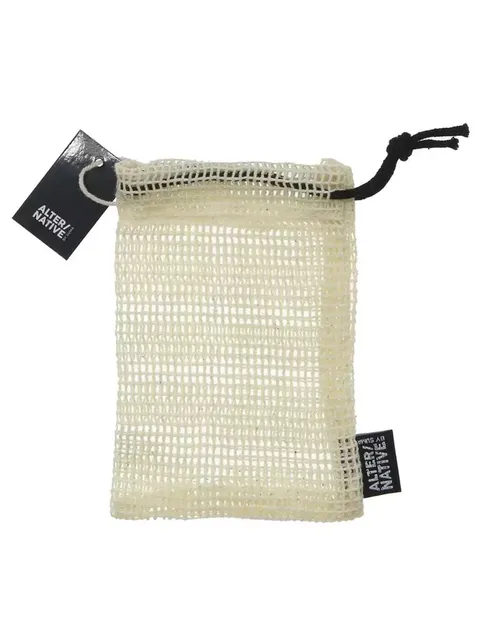 Cream mesh soap bag with black drawstring and "Alter/Native" label.